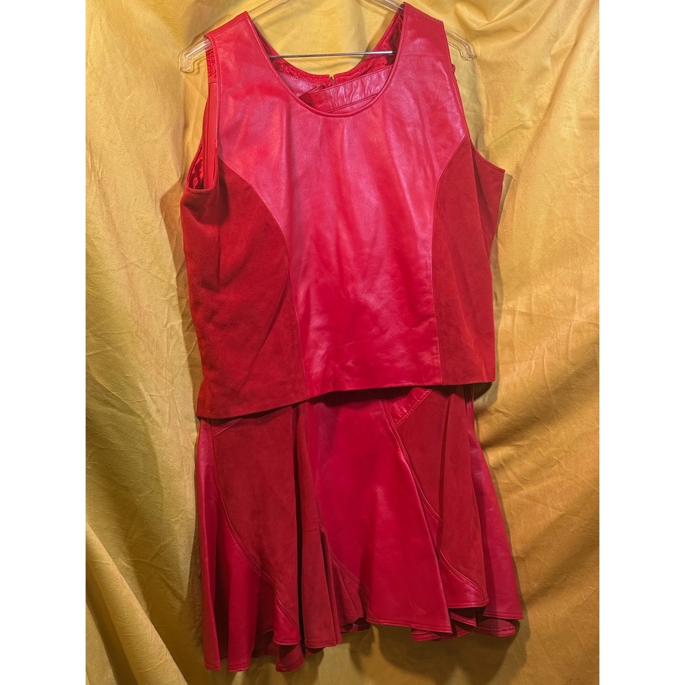 Vintage Red Leather and Suede 2 Piece Set Sleeveless Top Ruffle Midi Skirt XL